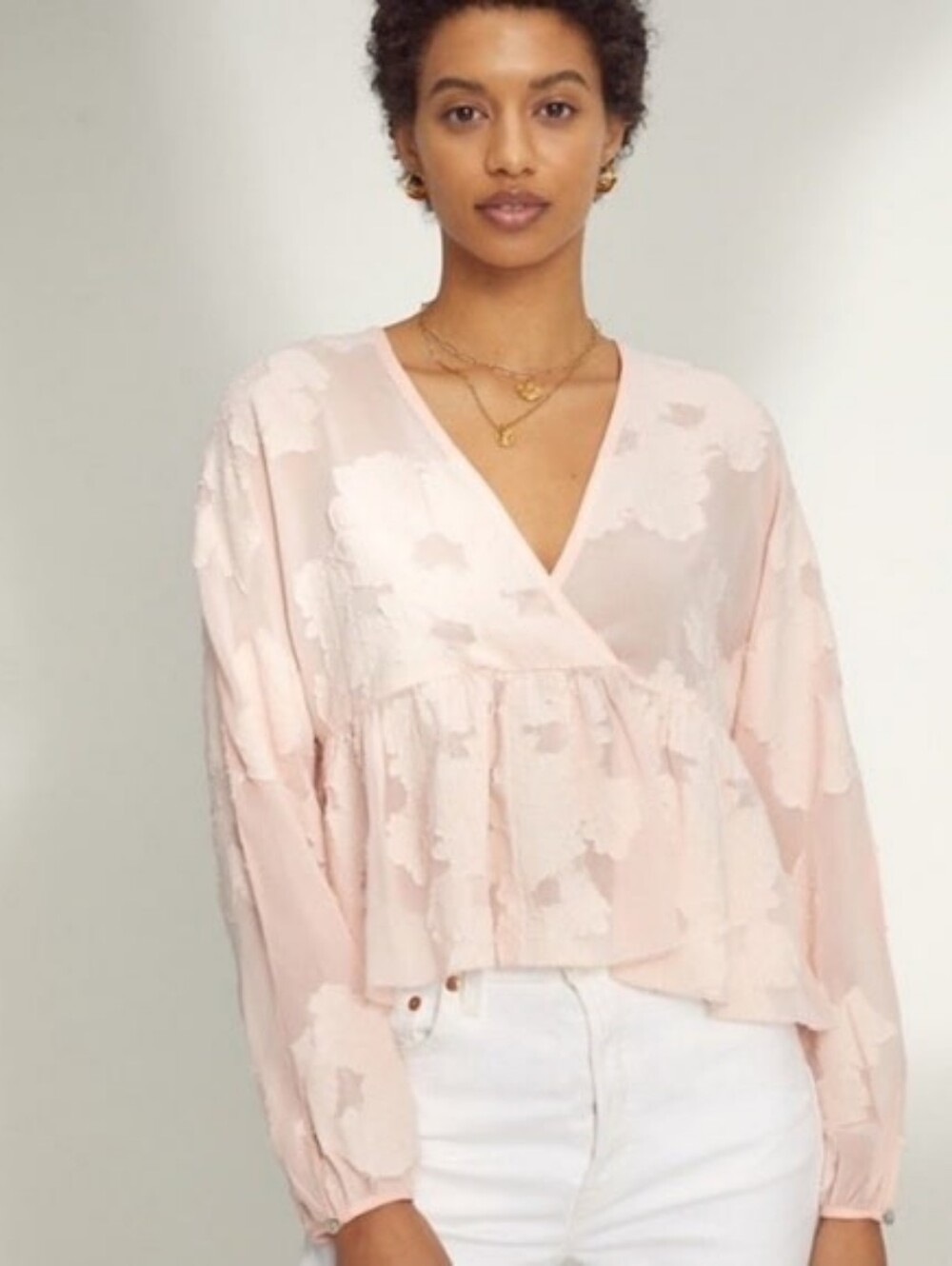 Aritzia Wilfred Augustine  Blush Pink Floral Applique Peplum V-Neck Blouse,L